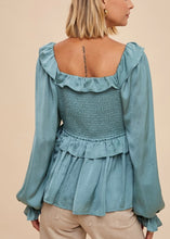 Load image into Gallery viewer, Blue Sage Satin Ruffle Blouse - Farm Town Floral &amp; Boutique
