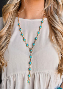 Turquoise and Gold Lariat Necklace - Farm Town Floral & Boutique